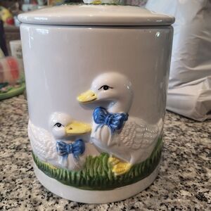 Duck Ceramic Cookie Jar with Blue Accents